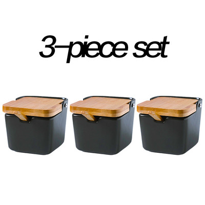 oale de condimente de bucătărie Boluri cu lingură și cutie de porțelan și capac din bambus - recipient de depozitare borcane pentru condimente Suport ceramic pentru condimente