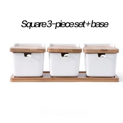 oale de condimente de bucătărie Boluri cu lingură și cutie de porțelan și capac din bambus - recipient de depozitare borcane pentru condimente Suport ceramic pentru condimente