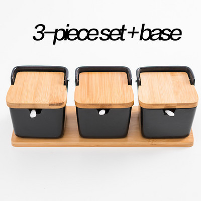 oale de condimente de bucătărie Boluri cu lingură și cutie de porțelan și capac din bambus - recipient de depozitare borcane pentru condimente Suport ceramic pentru condimente