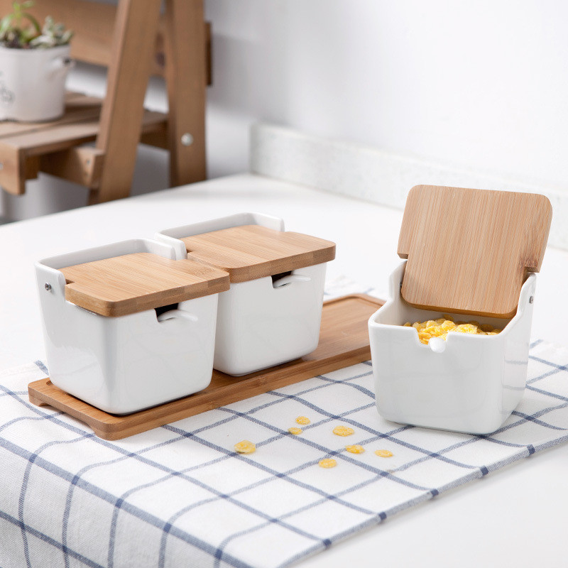 oale de condimente de bucătărie Boluri cu lingură și cutie de porțelan și capac din bambus - recipient de depozitare borcane pentru condimente Suport ceramic pentru condimente