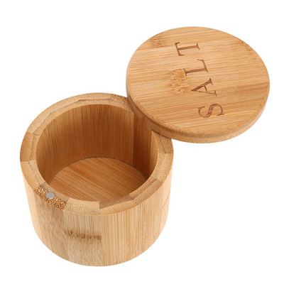 Cutie de sare, cutie de depozitare din bambus cu capac pivotant magnetic, „Sare” gravată pe capac Cutie de depozitare pentru sare pentru păstrarea sării de masă