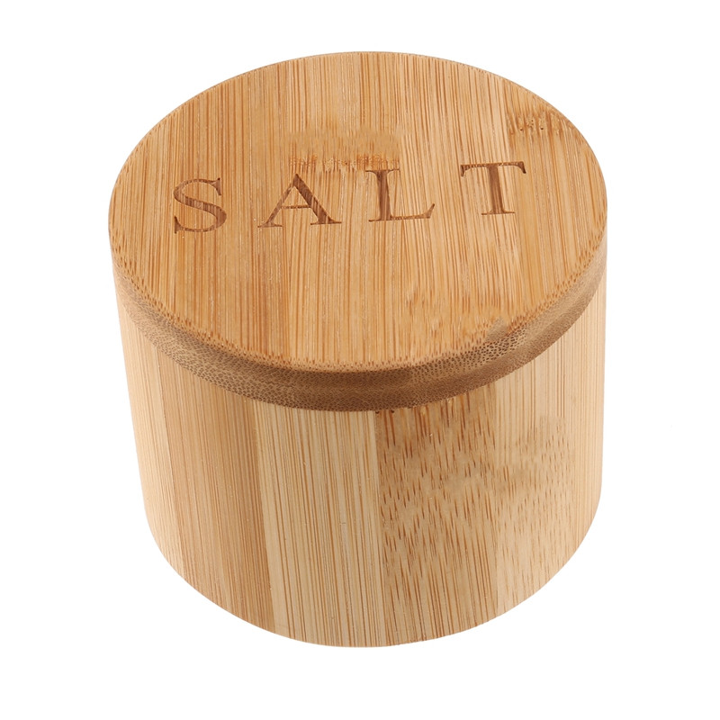 Cutie de sare, cutie de depozitare din bambus cu capac pivotant magnetic, „Sare” gravată pe capac Cutie de depozitare pentru sare pentru păstrarea sării de masă