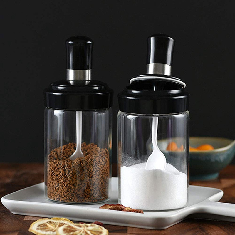 Borcan de sticlă pentru condimente cu lingură de servire și capac cu șurub Cutie de condimente Condiment Sare pentru depozitare zahăr Sticla de alimente pentru bucătărie de acasă