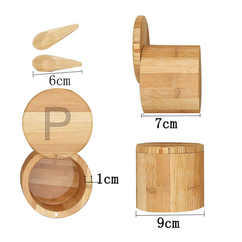 Pivniță de sare și piper din bambus, recipiente pentru condimente, capace pivotante - 2 cutii cu linguri - gravate cu S și P