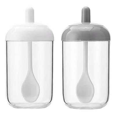 Fűszertartó edények, sós cukor fűszertartály, átlátszó konyhai, kerek fűszertartó fedéllel és kanállal (2 szürke, 2 fehér)