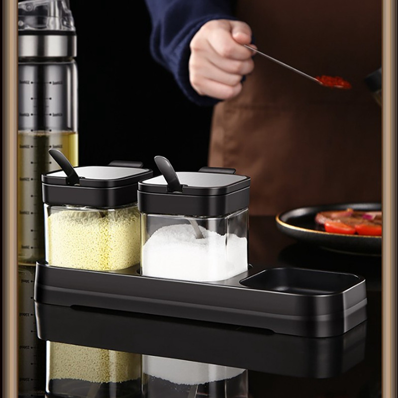 Borcane de depozitare din sticlă Set de recipiente pentru condimente cu capace și linguri din oțel inoxidabil pentru servirea zahărului cu sare, cafea, ceai