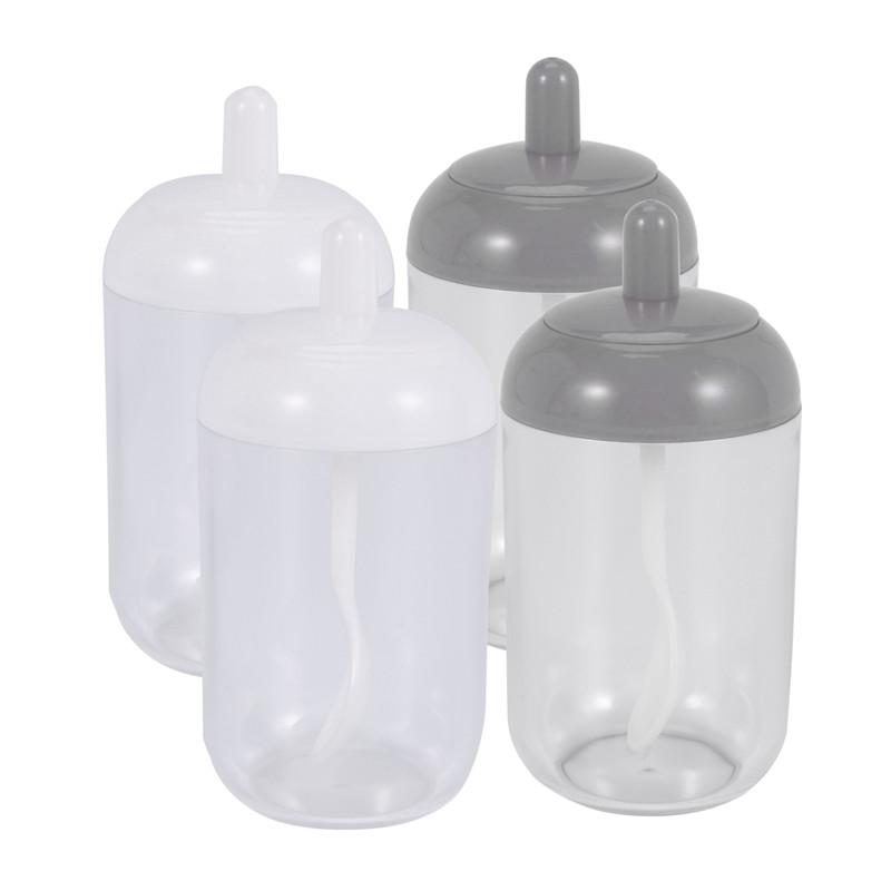 Ghivece pentru condimente, recipient pentru condimente cu sare, zahăr, borcan rotund de bucătărie transparent cu capac și lingură (2 gri, 2 albe)