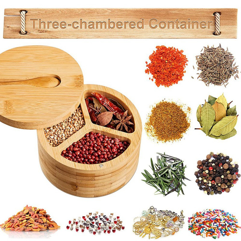 Cutie de sare din bambus cu lingură Recipient de depozitare pentru condimente și condimente cu 3 compartimente, cu capac magnetic pivotant Condiment rotund
