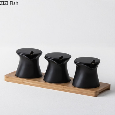 Fekete fűszeres edénykészlet fa tálcával Otthoni Konyha Kerámia Fűszertartó Három részes Só Bors Szójaszósz Ecetes Tároló doboz