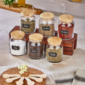 6 vnt. rinkinys, prabangus prieskonių rinkinys su šaukštu stikliniu indeliu mediniu dangteliu laikymo talpa 300 ml, prieskonių dėžutės derinys