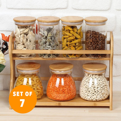 6 vnt. rinkinys, prabangus prieskonių rinkinys su šaukštu stikliniu indeliu mediniu dangteliu laikymo talpa 300 ml, prieskonių dėžutės derinys