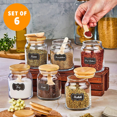 6 vnt. rinkinys, prabangus prieskonių rinkinys su šaukštu stikliniu indeliu mediniu dangteliu laikymo talpa 300 ml, prieskonių dėžutės derinys