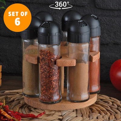 6 vnt. rinkinys, prabangus prieskonių rinkinys su šaukštu stikliniu indeliu mediniu dangteliu laikymo talpa 300 ml, prieskonių dėžutės derinys