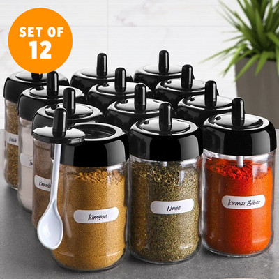 6 vnt. rinkinys, prabangus prieskonių rinkinys su šaukštu stikliniu indeliu mediniu dangteliu laikymo talpa 300 ml, prieskonių dėžutės derinys