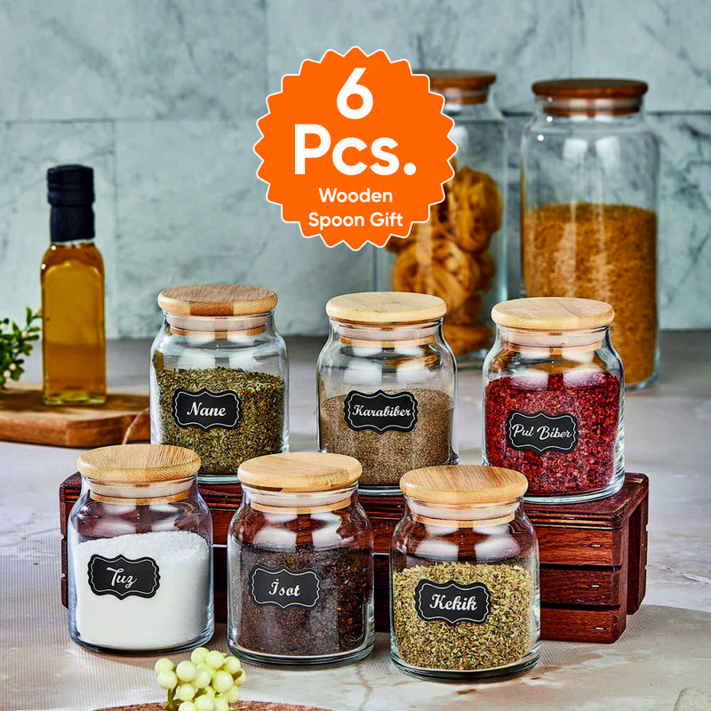 6 vnt. rinkinys, prabangus prieskonių rinkinys su šaukštu stikliniu indeliu mediniu dangteliu laikymo talpa 300 ml, prieskonių dėžutės derinys