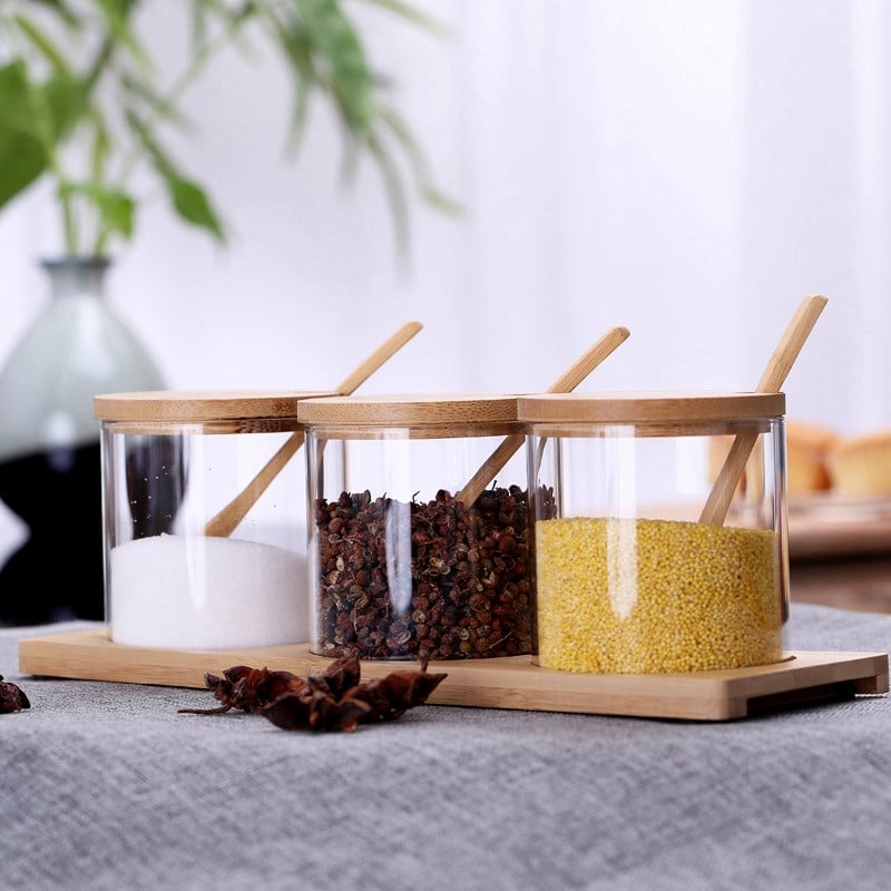 Edutamine! Kaante ja lusikatega maitseainepurgid, 3 maitseainepurgi komplekt Köök läbipaistvad maitseainete soola-pipra säilitusnõud