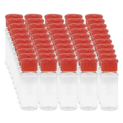 Rinkinys iš 50 tuščių plastikinių prieskonių buteliukų, skirtų kepsninėms laikyti prieskonius, druską pipirus ir kt. 100 ml / 3,3 Oz, raudona mažmeninė prekyba