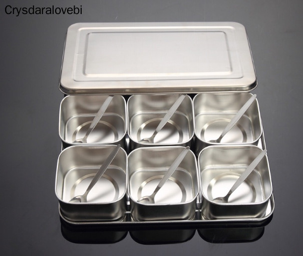 Japán rozsdamentes acél fűszeres doboz készlet Kreatív fűszeres tégely 6 rácsos 8 rácsos opcionális fedéllel Konyhai egészségügyi fűszerdoboz