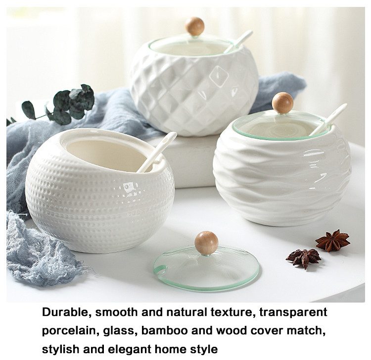 Kerámia fűszeres tégelyek fa tetővel Sószórók Konyhai kellékek Fehér fűszeres kanál készlet fehér cukordoboz