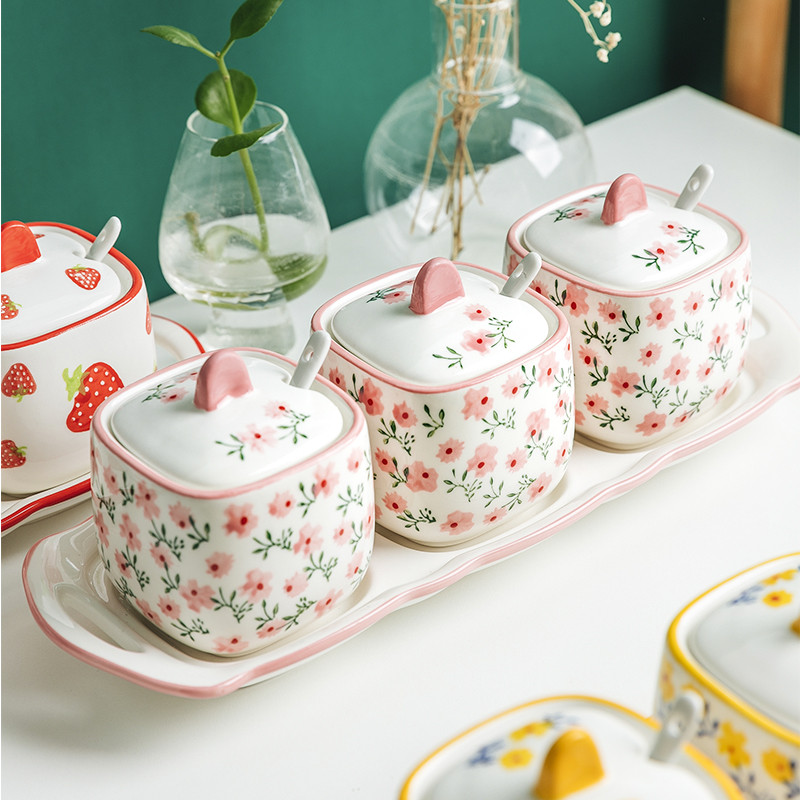 Japoniškas kūrybinis spausdinimas Keraminis prieskonių stiklainis Prieskonių dėžutė Viena virtuvės reikmenys Stiklainis MSG cukraus druskos indelis Atsineškite šaukštą