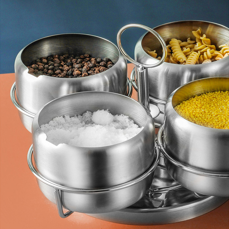 Rozsdamentes acél fűszertartó edények fűszertartóval, nagy kapacitású ezüst tónusú fűszerüvegek, forgó fűszerezéssel