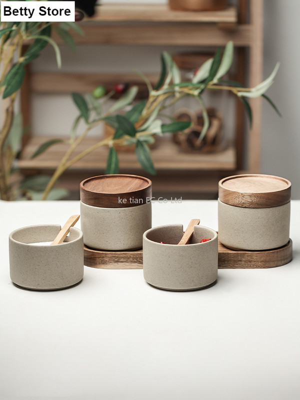 Japán stílusú Retro fűszeres tégely fából készült tetővel lezárt tároló palack Só fűszeres doboz Chili borsos fazék konyhai ételtartó