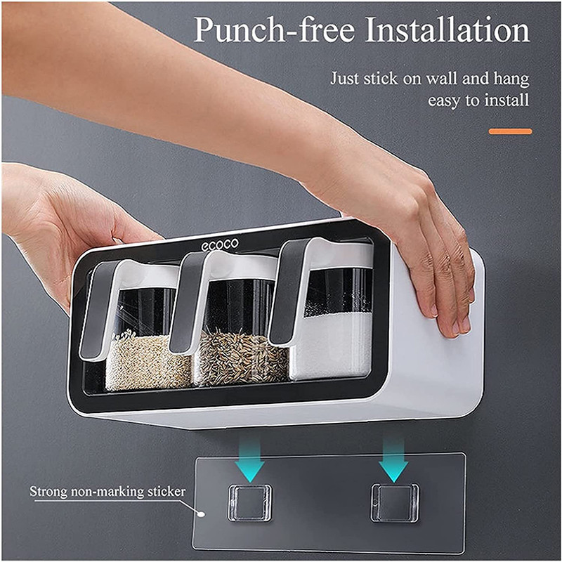 Organizator de suport pentru condimente cu montare pe perete, vas de zahăr, recipient pentru condimente, cutii de condimente cu linguri, borcan de depozitare