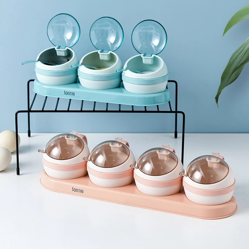 kawaii konyhai fűszerszervező és tároló cukortartály só-bors shaker készlet kanál kerek formájú fűszernövény fűszeres dobozzal