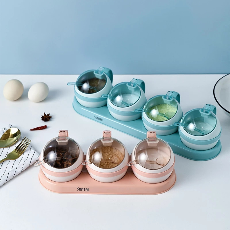 kawaii konyhai fűszerszervező és tároló cukortartály só-bors shaker készlet kanál kerek formájú fűszernövény fűszeres dobozzal