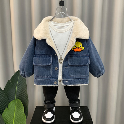 Geaca de blugi pentru copii cu guler in puf si broderie