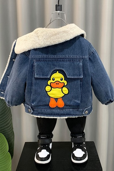 Geaca de blugi pentru copii cu guler in puf si broderie