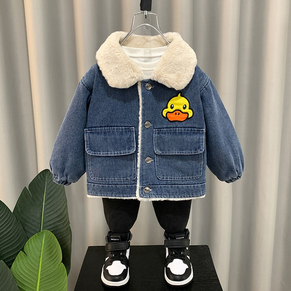 Geaca de blugi pentru copii cu guler in puf si broderie