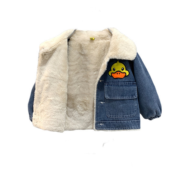 Geaca de blugi pentru copii cu guler in puf si broderie