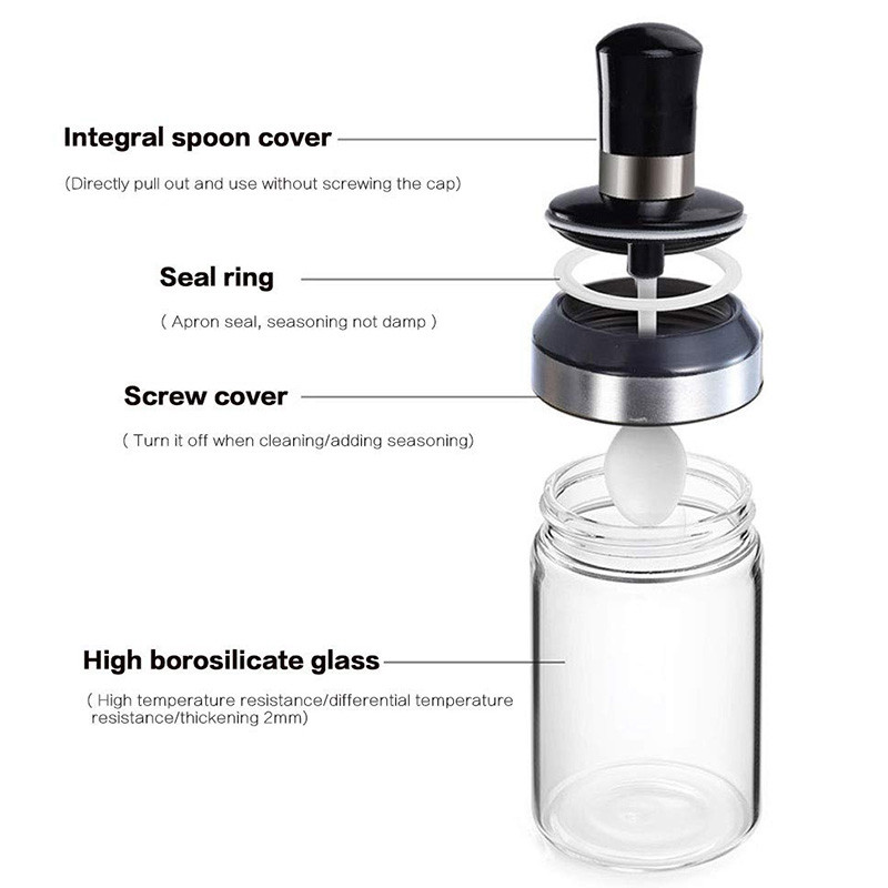 Borcan de condimente Bestglass cu lingură de servire și capac cu șurub, cutie de condimente, condimente, sare, zahăr, sticlă pentru alimente pentru bucătărie de acasă