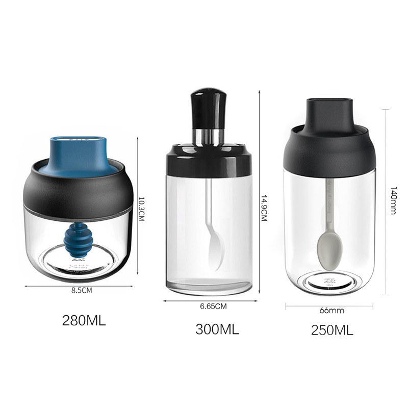 250/280/300ml Átlátszó konyhai kellékek Üveg Fűszerüveg Só Cukor Bors Kanál Műanyag Fűszeres Palack Só Üveg