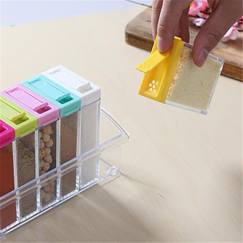 6db/Szett Átlátszó fűszeres üveg készlet Só-bors fűszeres üveg színes fedél Konyhai fűszerezés Cruet Tároló Tartály Fűszer