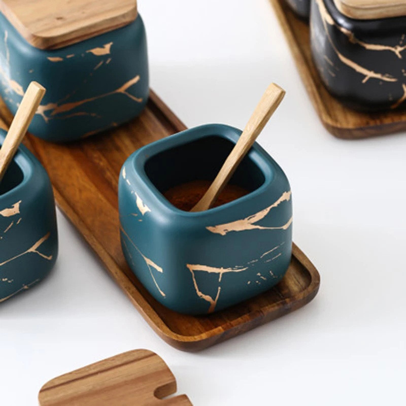 BOZZH Keramički spremnik za začine s mramornim uzorkom Set Drveni poklopac Spremnik za pohranu šećera Sol Solanka Posuda za začine Kuhinjski pribor