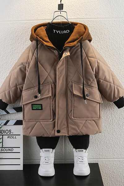 Vaikiška žieminė striukė berniukams su gobtuvu ir raišteliais