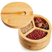 Kutija za sol od bambusa sa žlicom, posuda s 3 odjeljka za pohranu začina i začina s okretnim magnetskim poklopcem, okrugli začini