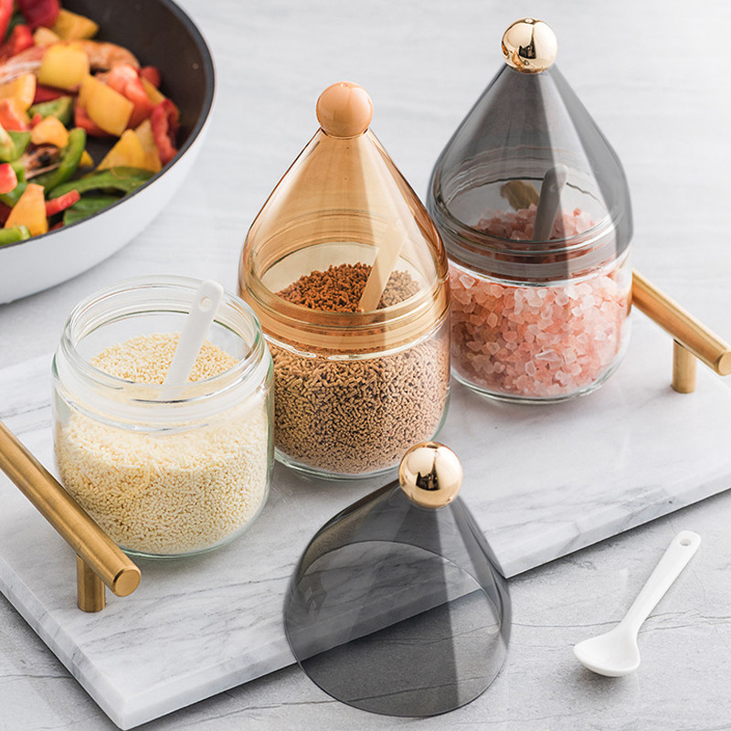 Üveg ízesítő edény fedővel és kanál Só Bors Palack Tároló Szervező Élelmiszertartó Dió Uzsonnás Doboz Konyhai Kiegészítők