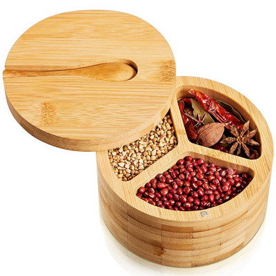 Bambuko druskos dėžutė su šaukštu, 3 skyrių prieskonių ir prieskonių laikymo talpykla su pasukamu magnetiniu dangteliu, apvalus prieskonis
