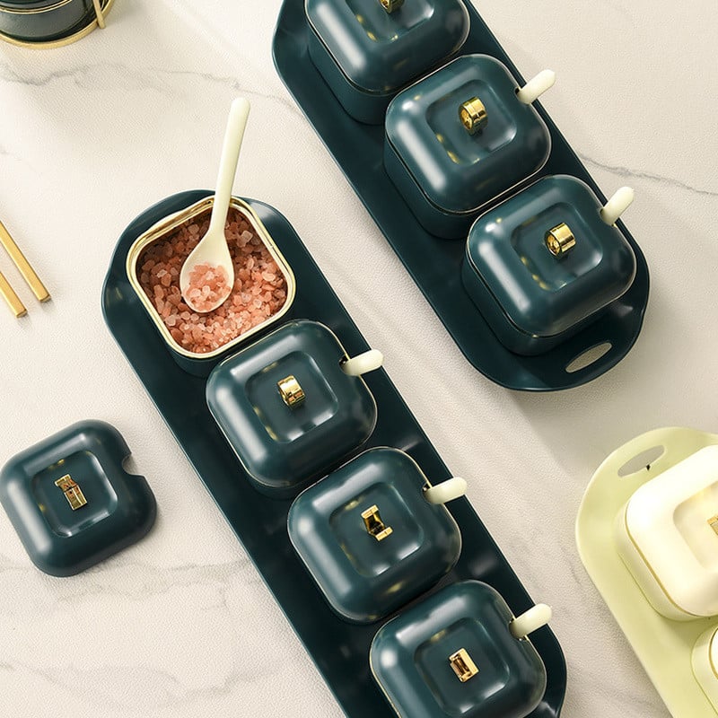 Vürtsipudeli soolaloksutaja suhkrumahuti kastmekausi jaotur plastikust maitseainepurgi komplekt lusika ja põhjaga köögi maitseaineresti