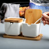 Kreativna posuda za začine Kuhinjski stalak za začine Keramička soljenka i staklenka za začine za papar Posuda za šećer Bambusova drvena posuda za začine