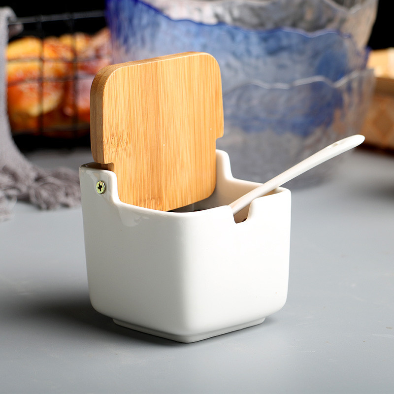 Kreativna posuda za začine Kuhinjski stalak za začine Keramička soljenka i staklenka za začine za papar Posuda za šećer Bambusova drvena posuda za začine