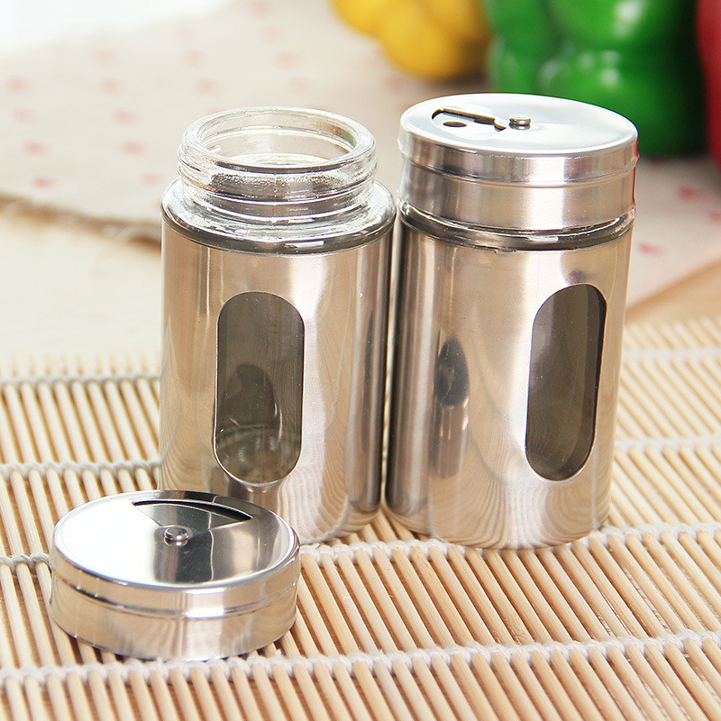 Többfunkciós grillfűszeres doboz látható Konyhai rozsdamentes acél fűszeres üveg forgó üvegbélés fűszeres tégely,