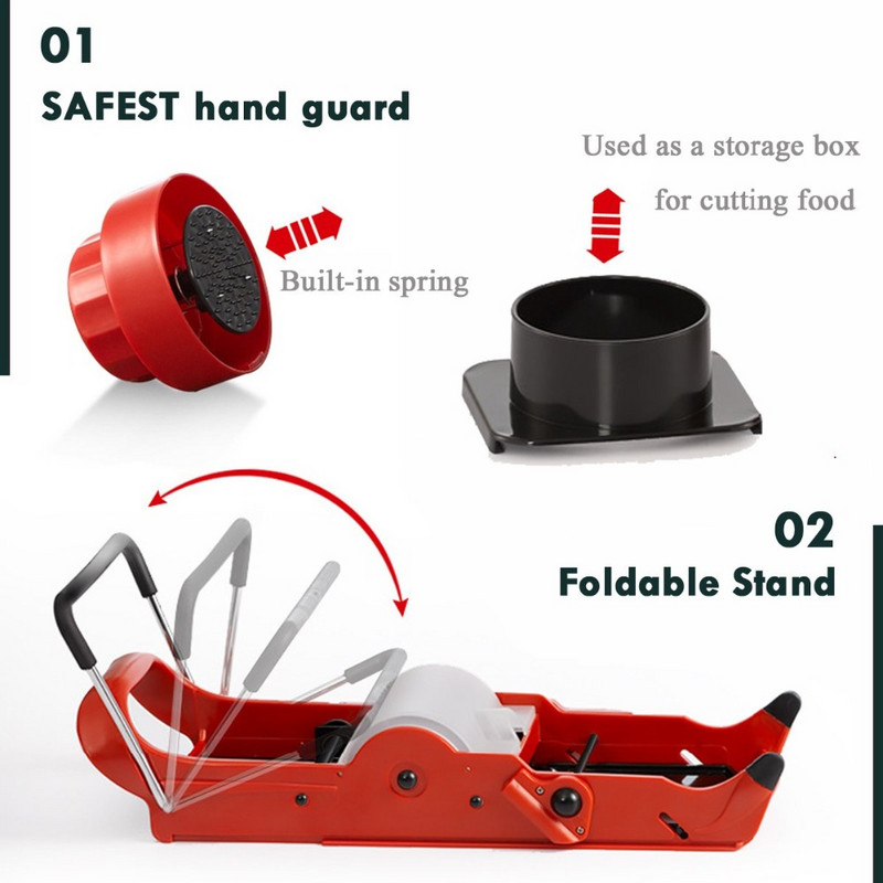 2019-es, állítható V pengéjű mandolinos zöldségszeletelő és -kockázó (piros) (00477)