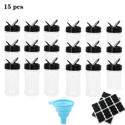 Átlátszó műanyag fűszeres tégelyek tároló palack tartály fekete kupak Fűszertartó tartály Fűszeres konyhai kellékek tárolására