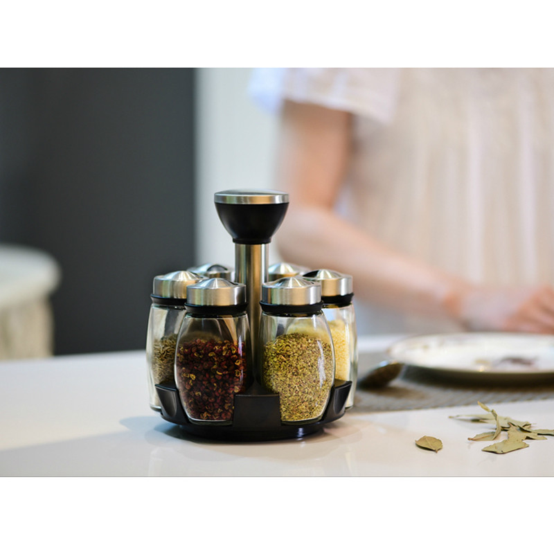 Besisukanti prieskonių lentynėlė Stiklinė prieskonių indelio druskos laikiklis Prieskonių dėžutė Stiklinis cukraus dubenėlis Druskos indelis Pipirų bakelio lentyna Virtuvės reikmenys