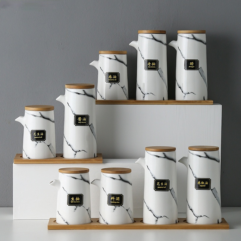 Marmurinis keraminis padažas alyvuogių aliejaus puodų rinkinys Sojų padažas, actas, prieskoniai skardinės aliejaus butelis Virtuvė Maisto gaminimo įrankiai laikymo butelių rinkinys