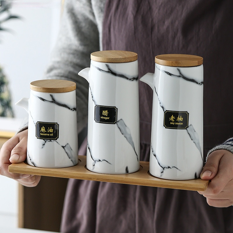 Marmurinis keraminis padažas alyvuogių aliejaus puodų rinkinys Sojų padažas, actas, prieskoniai skardinės aliejaus butelis Virtuvė Maisto gaminimo įrankiai laikymo butelių rinkinys